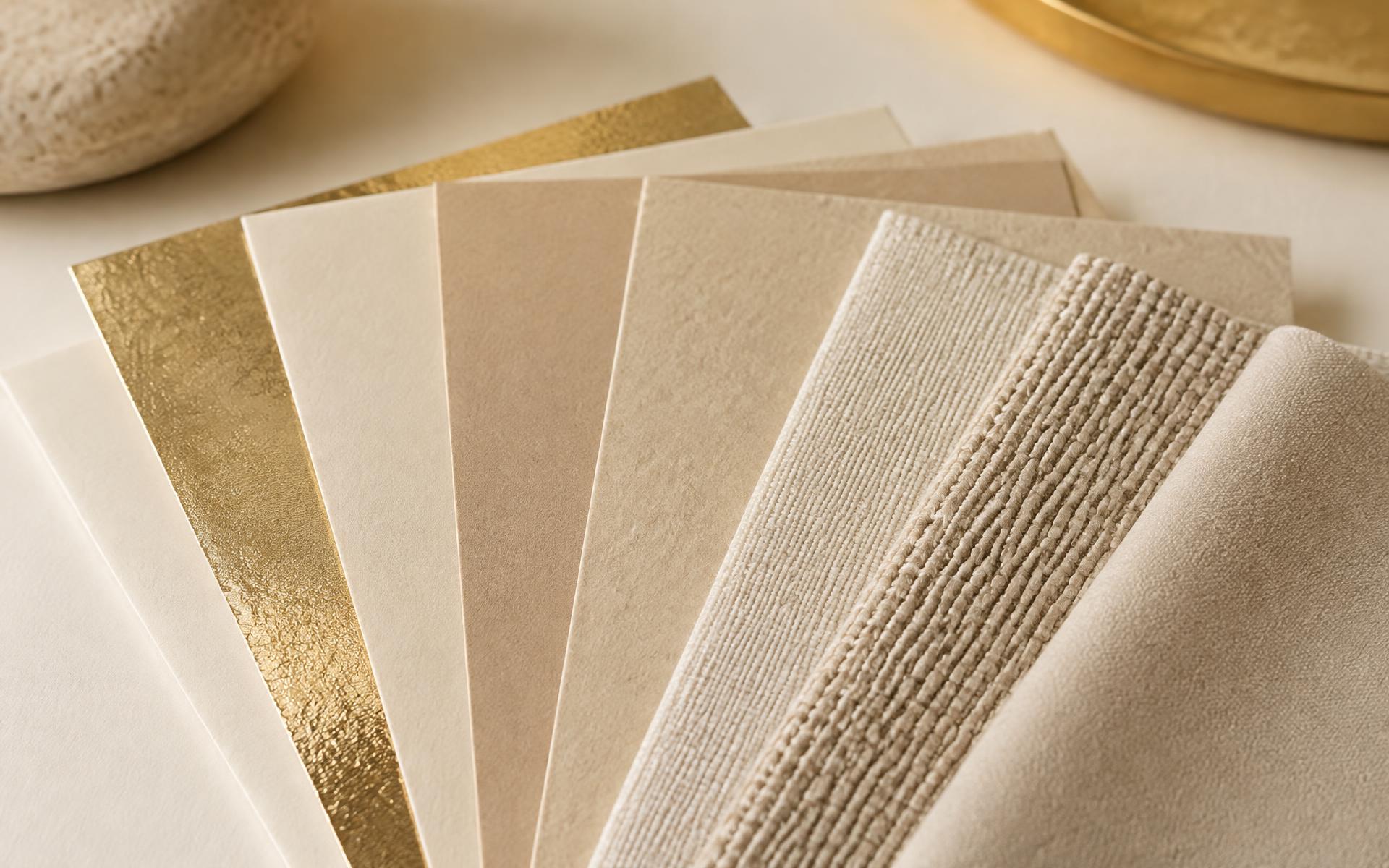 Papier- und Materialmuster in Sand- und Goldtönen