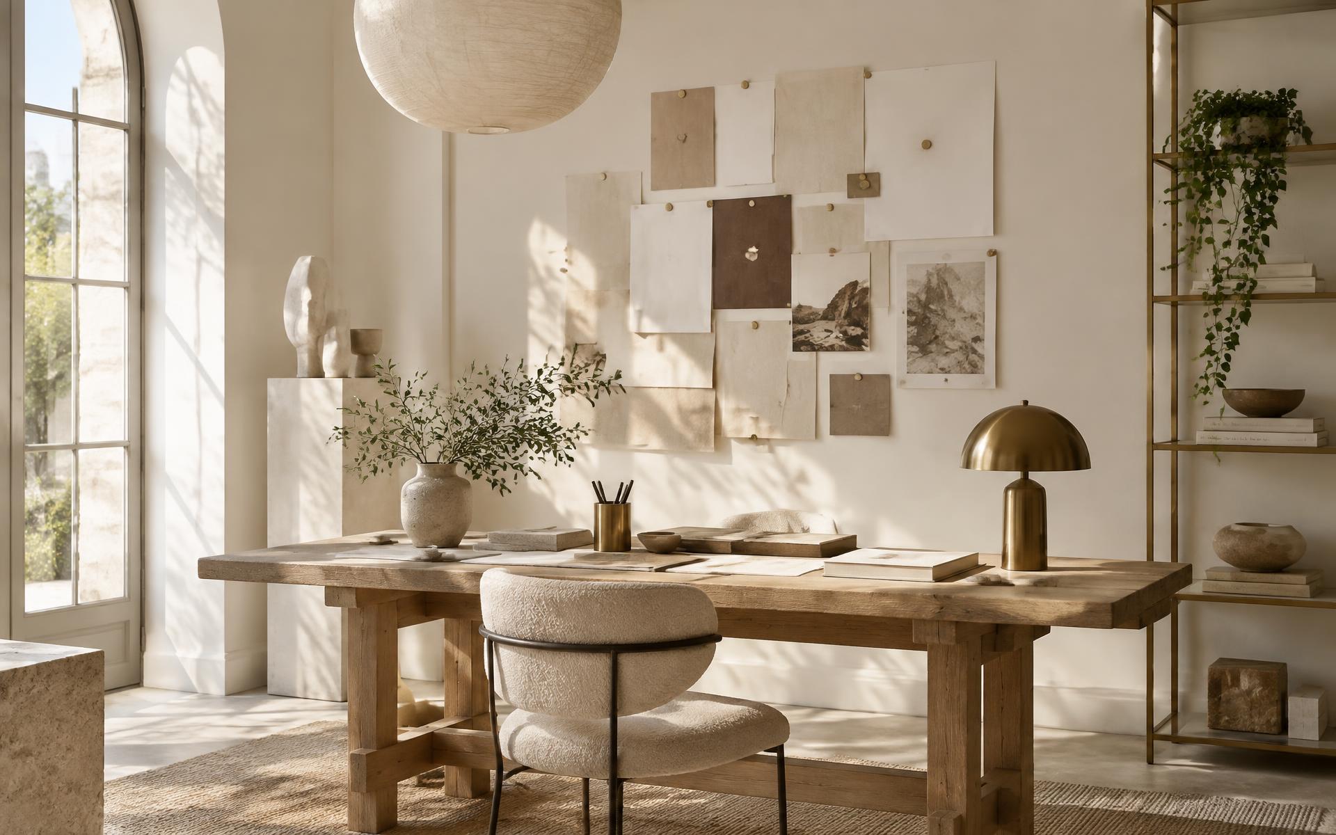 Helles Designstudio mit Moodboard und Materialien