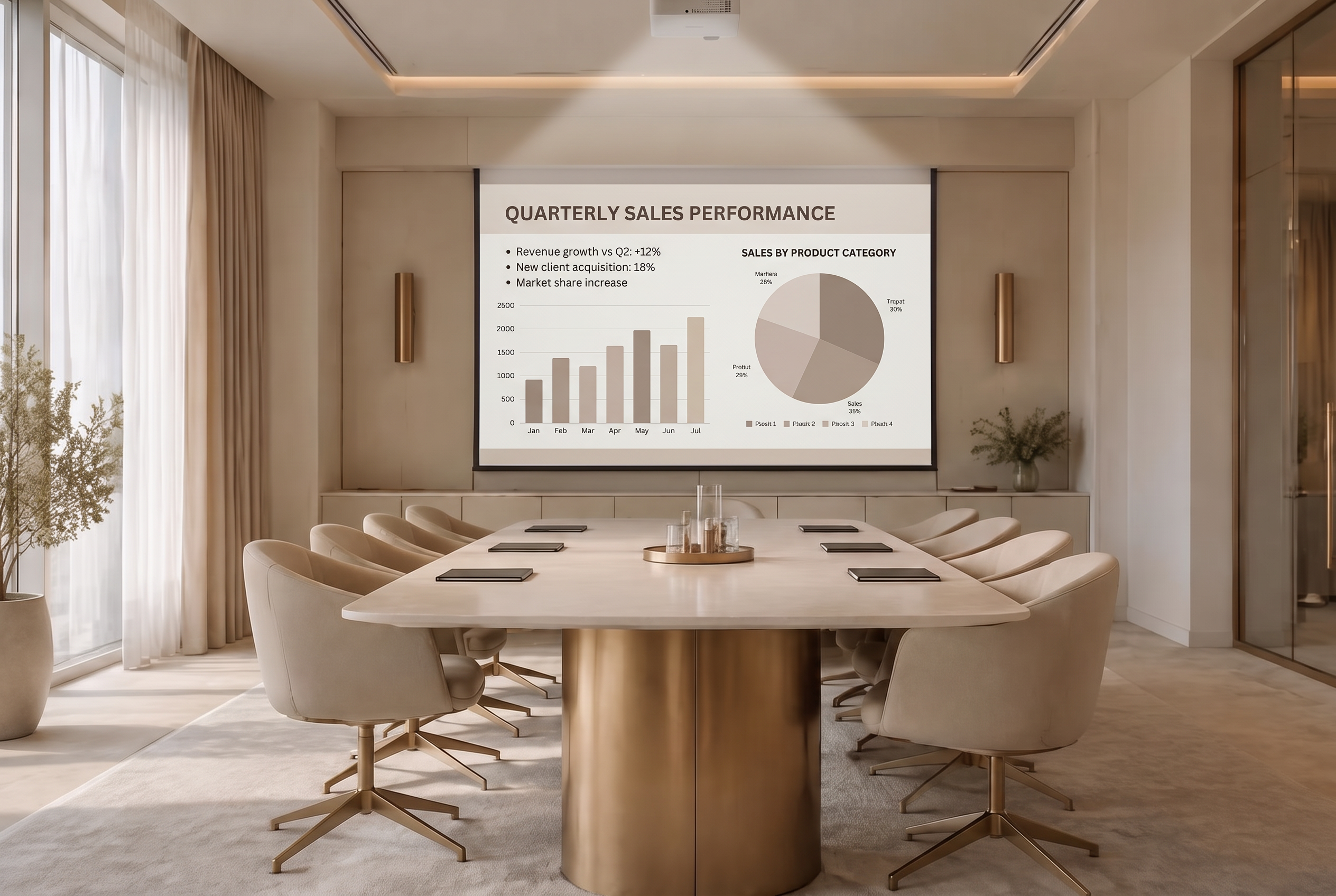 Beamer-Präsentation mit Charts in einem hellen Meetingraum